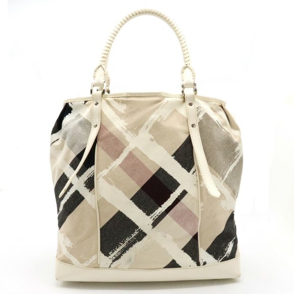 BURBERRY Burberry Check Pattern Paint Tote Bag Large Thoth Shoulder Canvas Le... - Picture 1 of 8